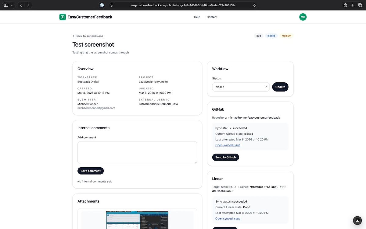 EasyCustomerFeedback submission with workflow status, attachments, and GitHub and Linear sync results