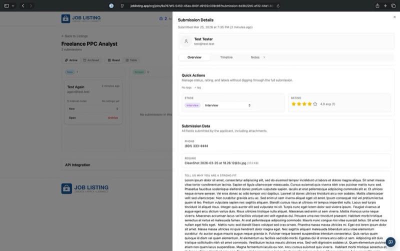 JobListing candidate details with a resume, application answers, interview stage, and rating