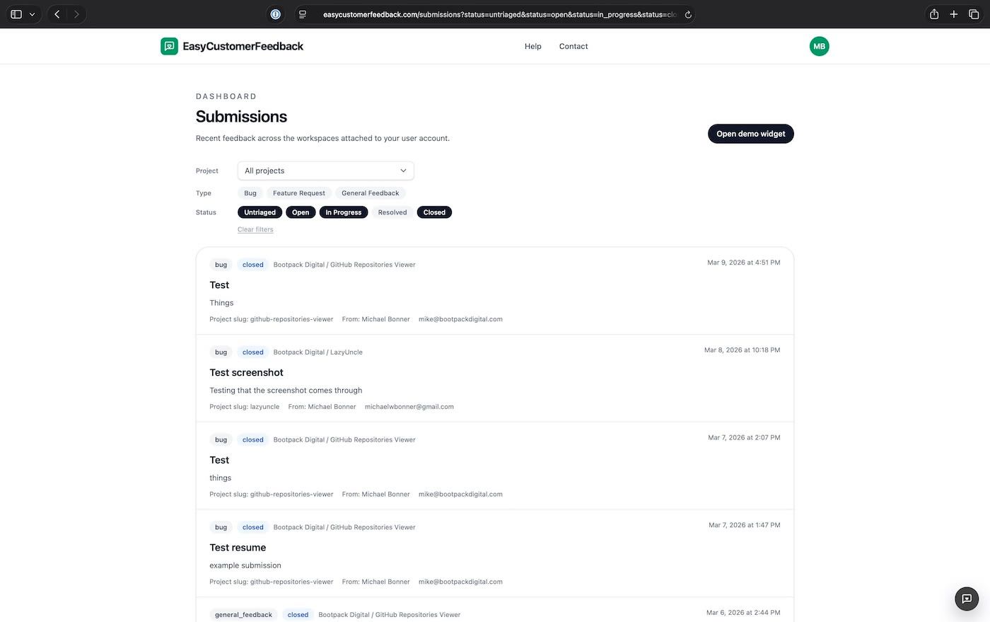EasyCustomerFeedback submissions list